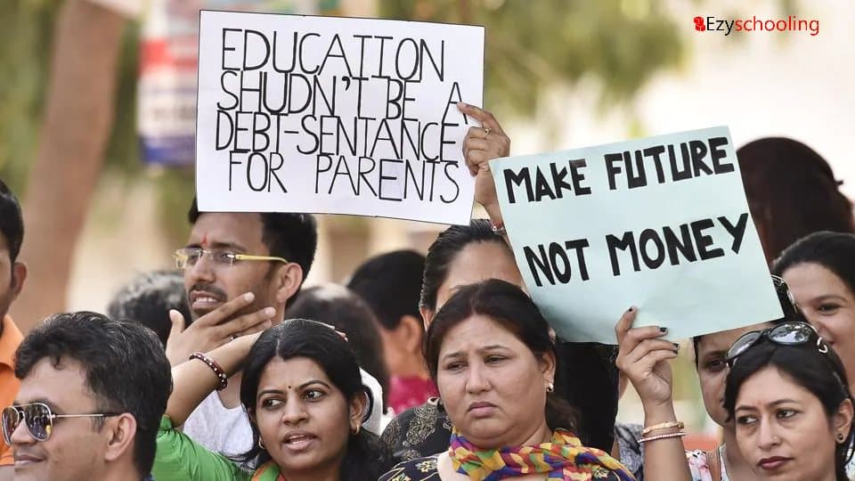 Parents protest against fee hike at a school in Greater Noida