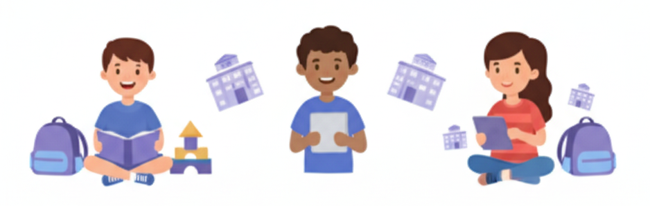 Students with school supplies illustration